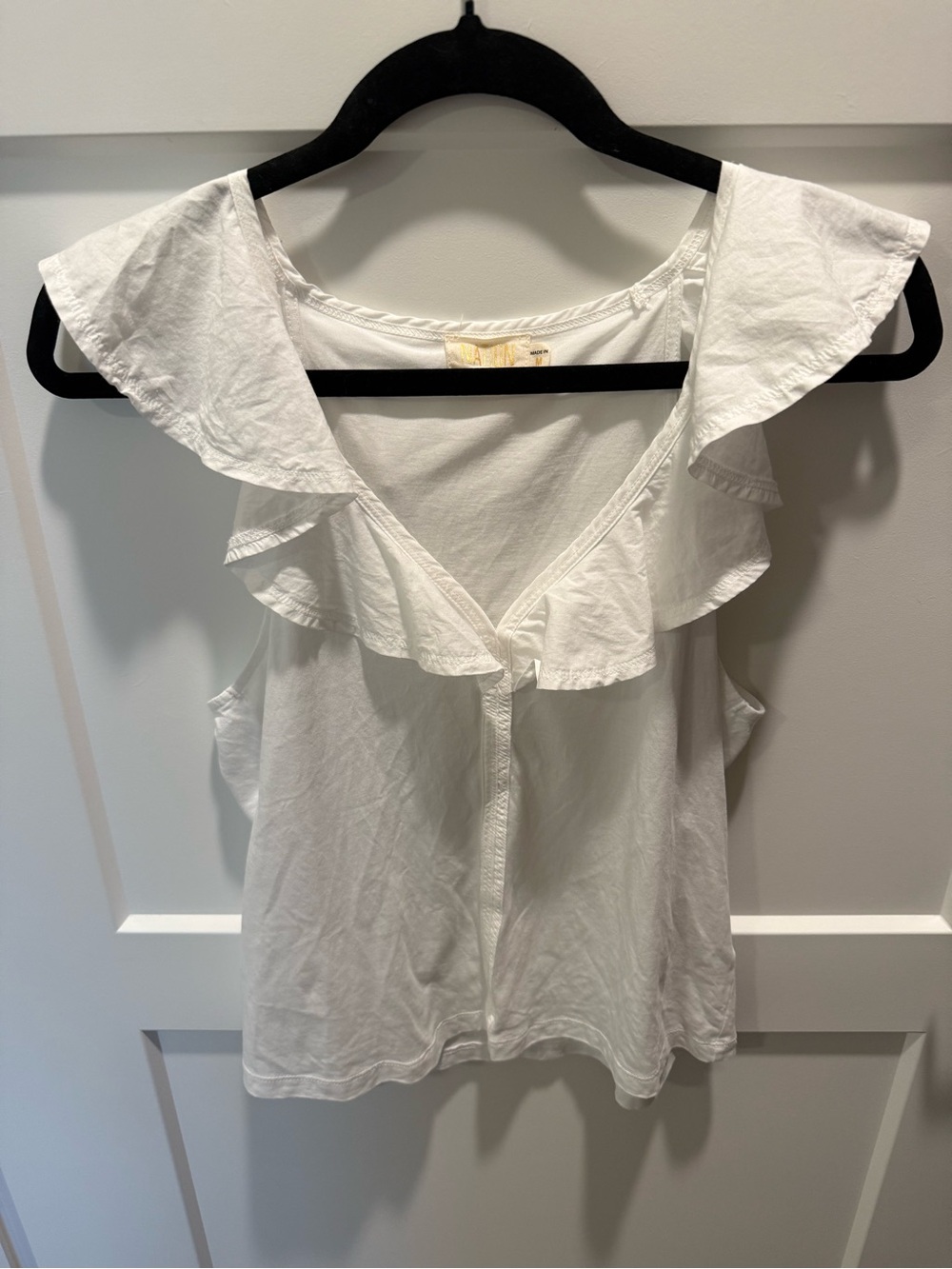 Nation LTD White Ruffle V Neck Top M Pima Cotton Tencel Flutter Sleeve